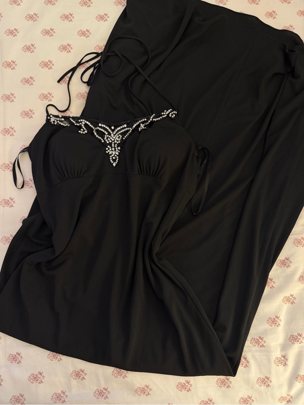 Vintage 90s DELARU Black Liquid Satin Rhinestone Halter Maxi Dress 8